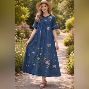 NEW Vintage The Quacker Factory Small Denim Dress Flowers Butterflies Embroidery